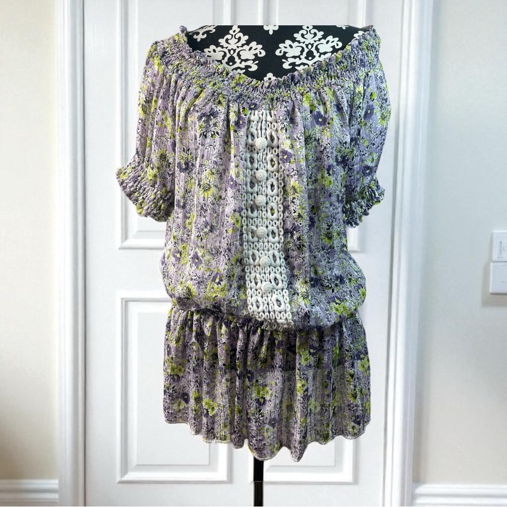 XOXO Floral Purple Smocked Puff Sleeve Blouse Off The Shoulder  Size M Women’s​